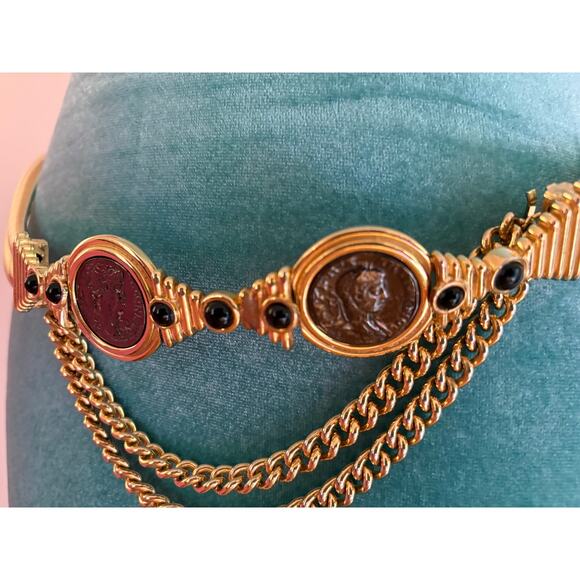 Vintage Judith Leiber Gold Chain Stretch Belt Double Coin Medallion Snake L-XL main image 7